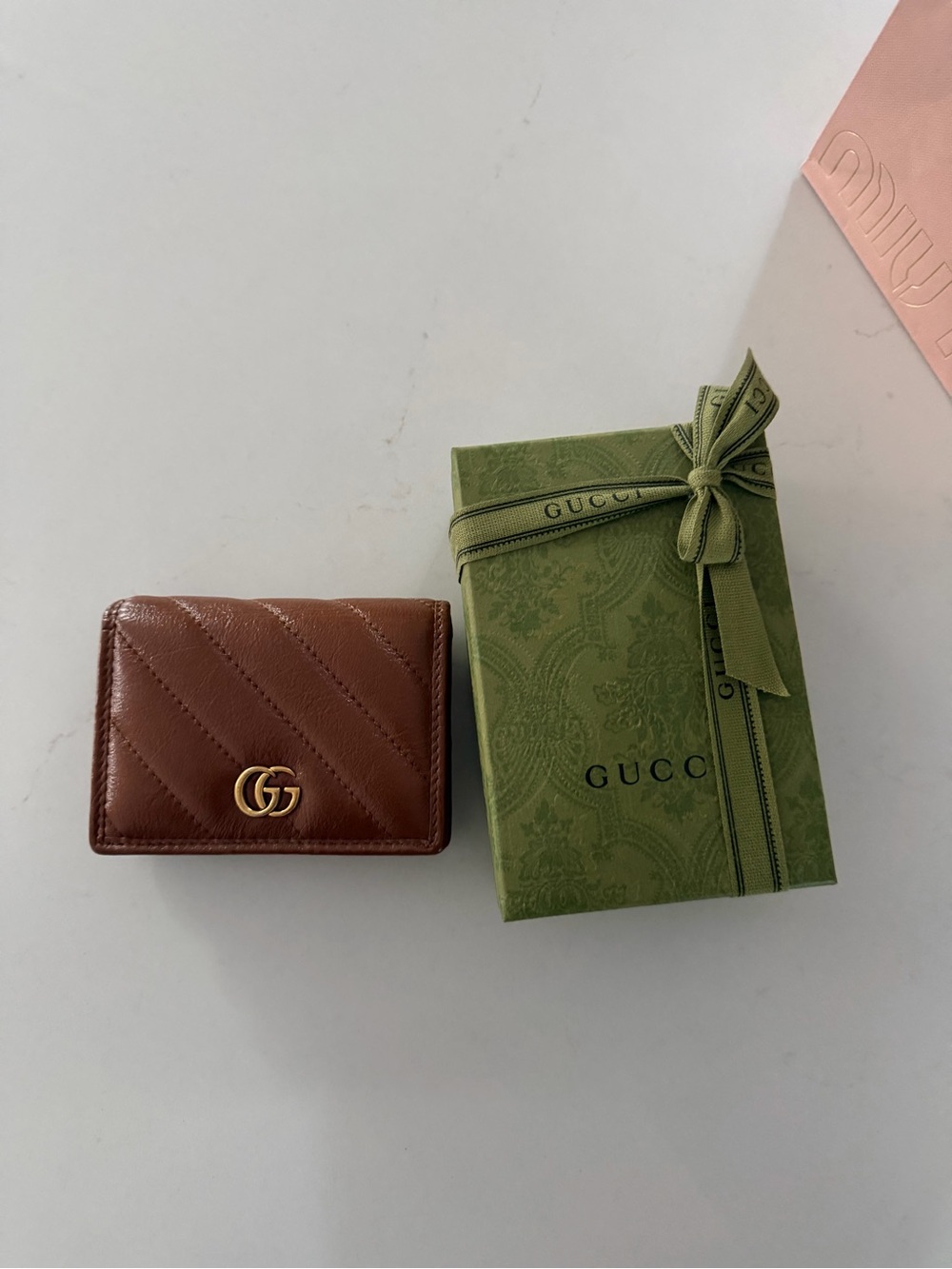 Gucci Brown Quilted Leather Card Holder with Gold Hardware